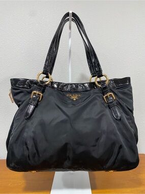 Black Nylon Tote Bag with Patent Leather Trim
